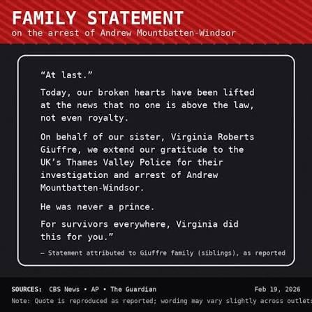Virginia Giuffre’s siblings issue statement after Andrew arrested, ‘Our broken hearts are lifted at the news that no one is above the law…For survivors everywhere, Virginia did this for you’ Virginia Giuffre’s siblings issue statement after Andrew arrested, ‘Our broken hearts are lifted at the news that no one is above the law…For survivors everywhere, Virginia did this for you’