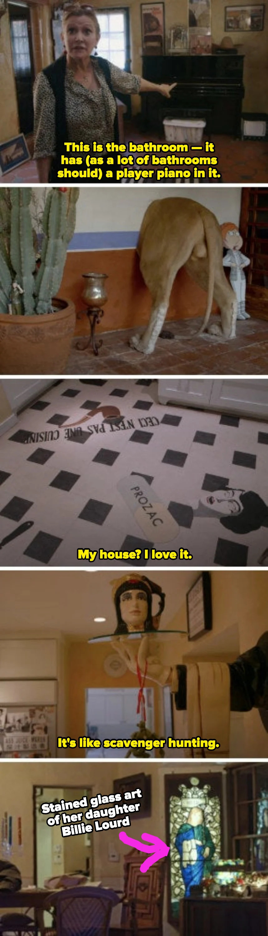 Screenshots of Carrie Fisher giving a tour of the house and showing off the unique items