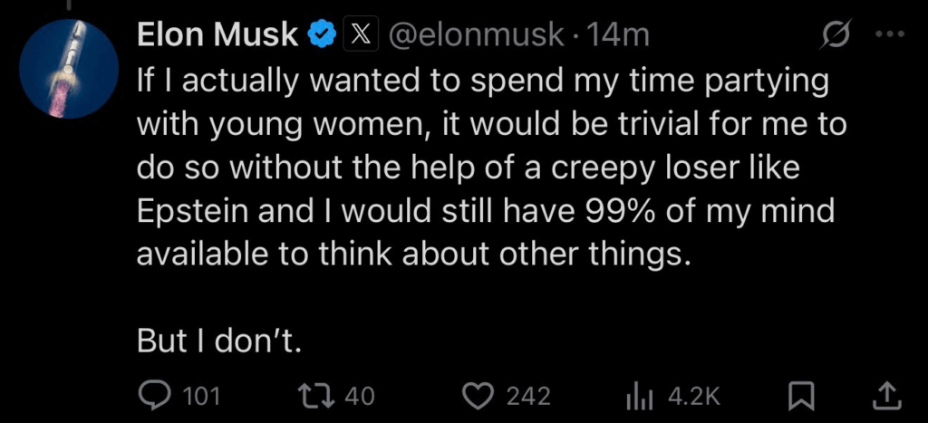 Elon Musk brags on X that he can freely party with "young women" without Epstein's help as defense