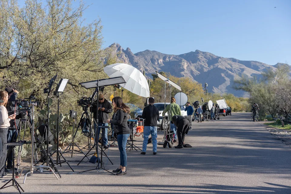 Television crews set up near the house of Nancy Guthrie in Catalina, Ariz., on Feb. 3.