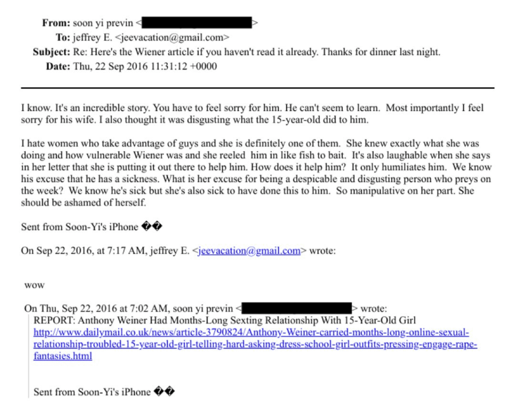 Woody Allen's wife Soon-Yi Previn emails Jeffrey Epstein about Anthony Weiner sexting a 15-year-old girl and calls the girl a "despicable and disgusting person who preys on the weak."