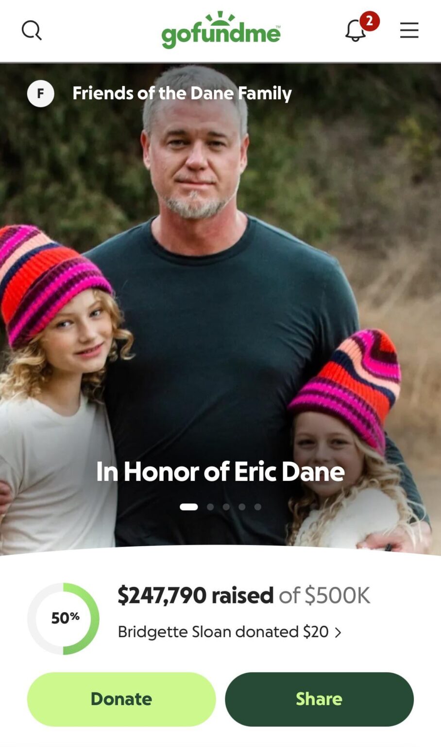 Eric Dane’s go fund me is getting greedy the original goal of $250k has been raised to $500k