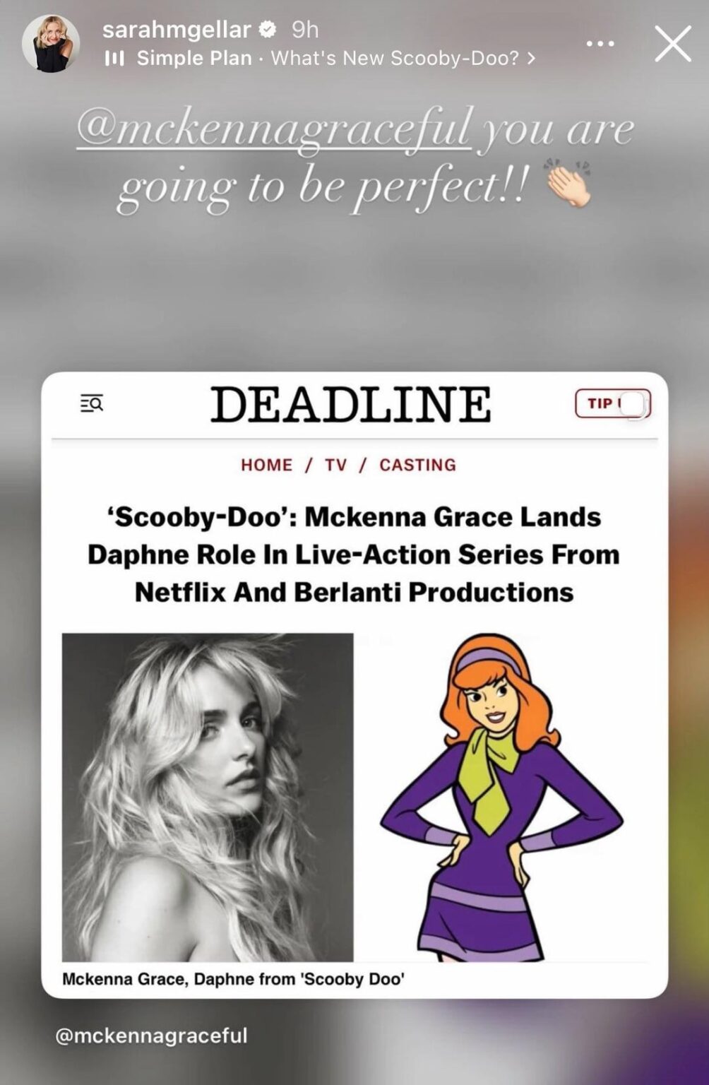 Sarah Michelle Gellar supports McKenna Grace playing Daphne in the new live-action series Scooby-Doo. “you are going to be perfect!! 👏🏼” and McKenna responds with “I’m so not normal about this rn 😭😭💜 what is life I love you so much”