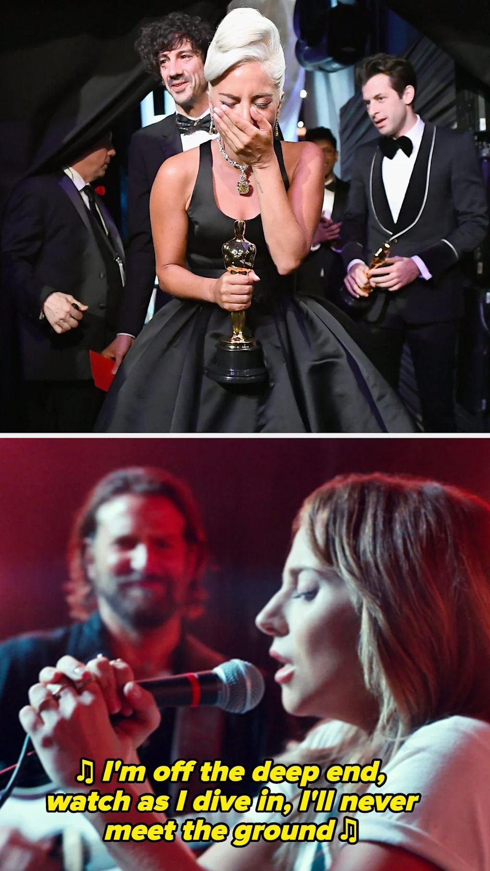 Lady Gaga at the 2019 Oscars; Bradley Cooper and Lady Gaga in "A Star Is Born" (2018)