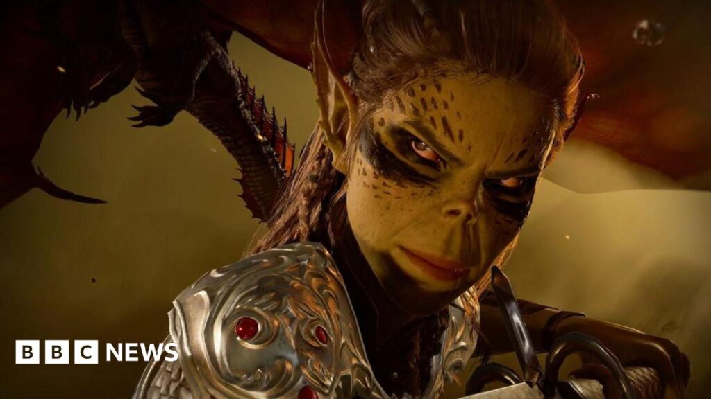 Lae'zel a githyanki Fighter character in the Baldurs Gate 3 game. She has black battle paint under her eyes, and her skin is green. She is glowering off camera and dressed in silver armour, and holding a sword. A dragon flies behind her.