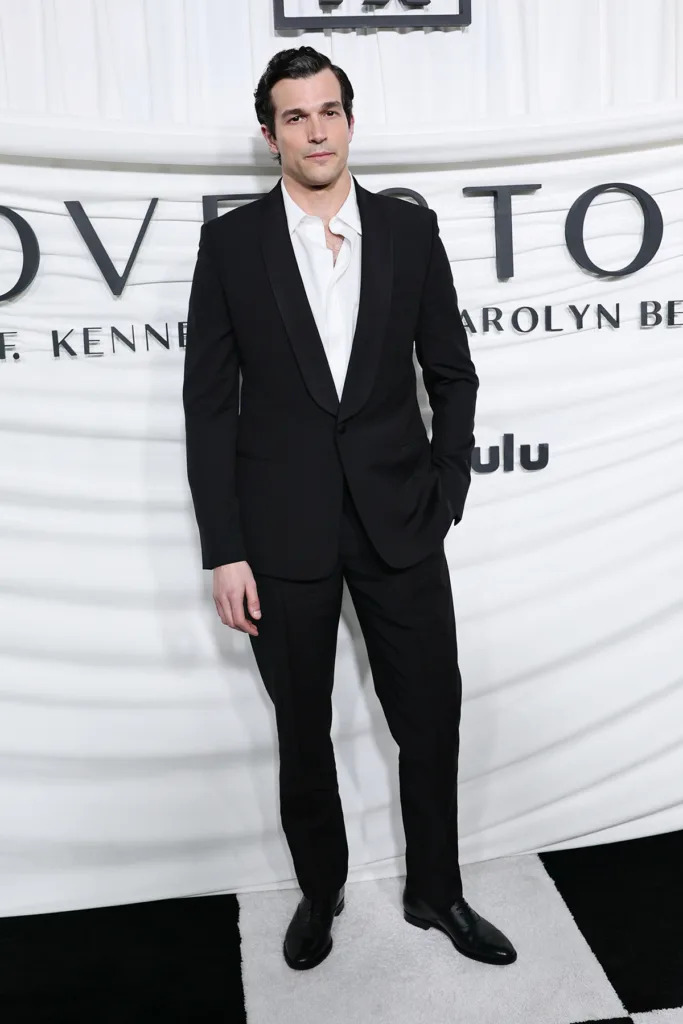 Paul Anthony Kelly, Dior menswear, Dior black wool suit, shawl lapel suit, Love Story premiere menswear, New York premiere style