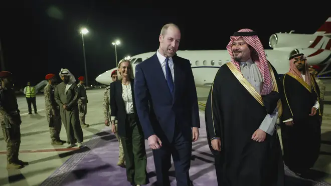 Prince William, Prince of Wales is welcomed by the Governor of Madinah, Prince Salman bin Sultan bin Abdulaziz Al Saud.