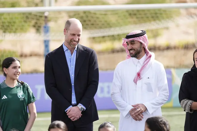 Prince William, Prince of Wales and Prince Abdulaziz, Minister of Sport, during a visit to MISK Sports City in Riyadh to learn about the increasing role of women in sport.