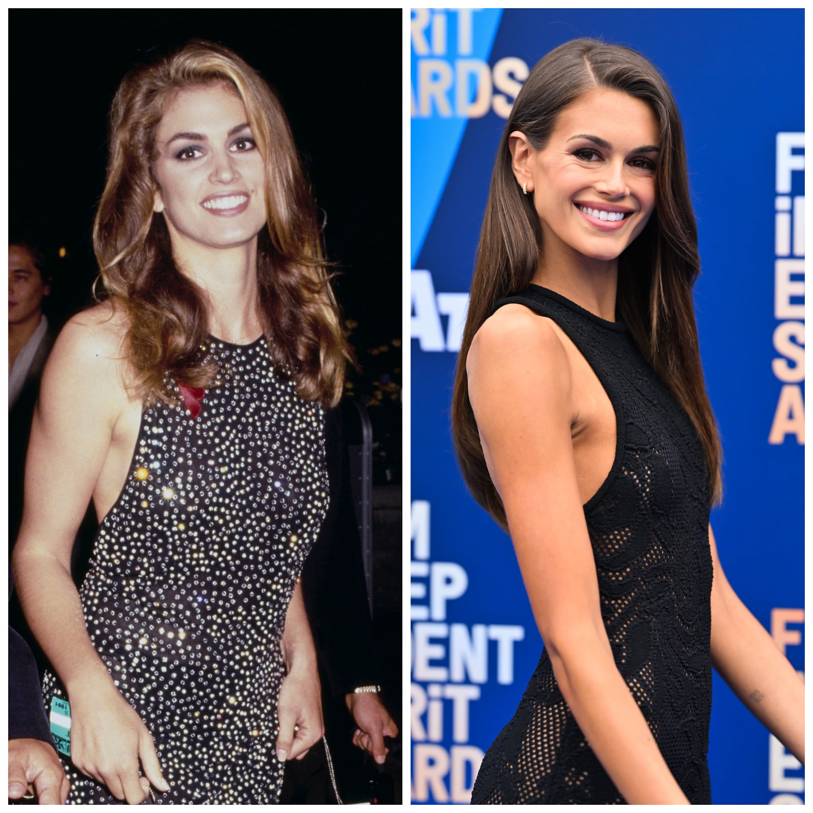 Cindy Crawford in 1991 and daughter Kaia Gerber in 2026.