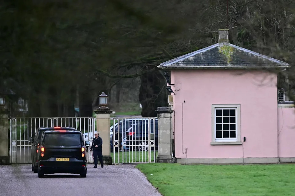 The scene at the Royal Lodge, Andrew’s former residence, at Windsor Great Park, a day after his arrest. (AFP via Getty Images)