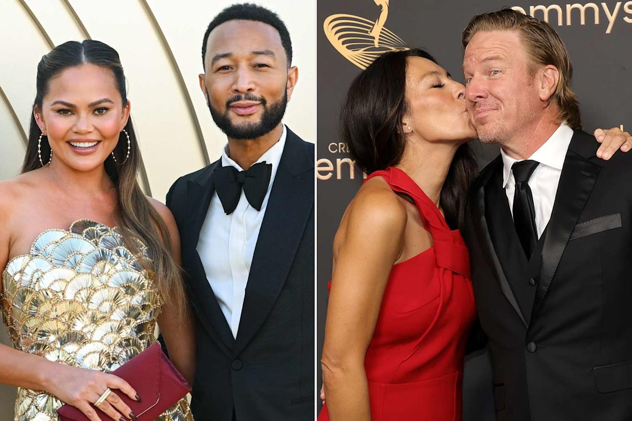 Chrissy Teigen and John Legend attend Gold House's fourth annual Gold Gala at the Music Center in Los Angeles on May 10, 2025; Joanna Gaines and Chip Gaines attend the Creative Arts Emmys at Microsoft Theater in L.A. on Sept. 3, 2022 Olivia Wong/WireImage; Amy Sussman/Getty