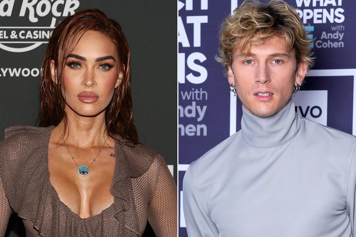 Megan Fox attends the 'Sports Illustrated Swimsuit' 2023 issue release party at The Guitar Hotel at Seminole Hard Rock Hotel & Casino in Hollywood, Fla., on May 19, 2023; MGK visits 'Watch What Happens Live with Andy Cohen' on Aug. 10, 2025 Alberto Tamargo/Getty; Charles Sykes/Bravo via Getty