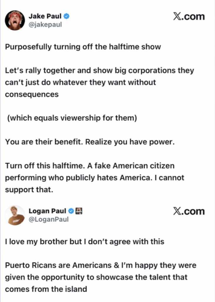 Logan Paul calls out brother Jake Paul for criticizing Bad Bunny's halftime show: "I love my brother but I don’t agree with this. Puerto Ricans are Americans & I’m happy they were given the opportunity to showcase the talent that comes from the island”