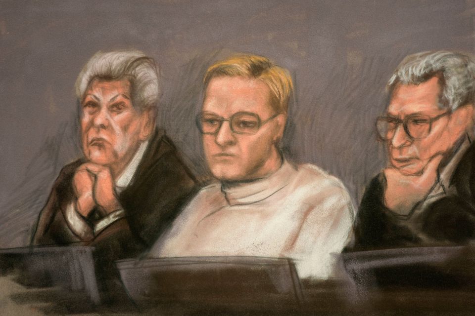 A court sketch of Marius Borg Hoiby during the first day of the trial against him. Image: Ole Berg-Rusten/via AP