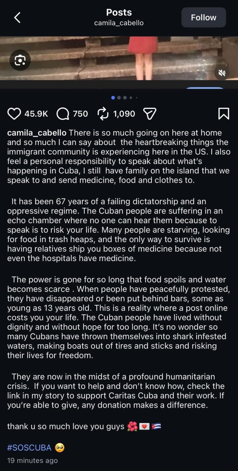 Camila Cabello’s instagram post about the living conditions in Cuba