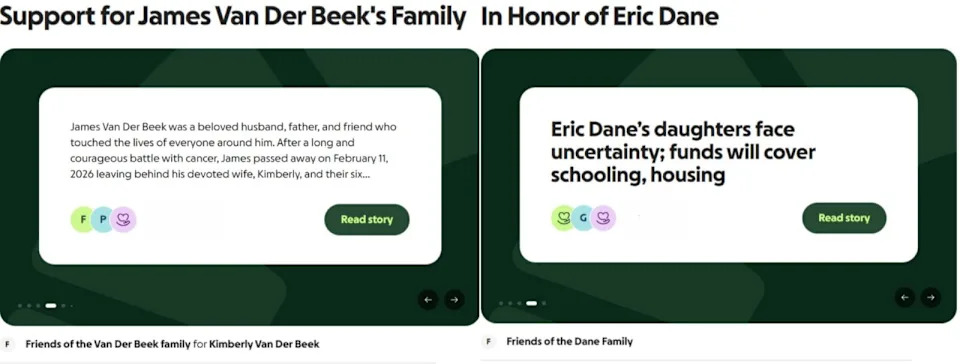 Both campaigns used nearly identical language and were attributed to anonymous 'friends' rather than family members. Screenshots: GoFundMe