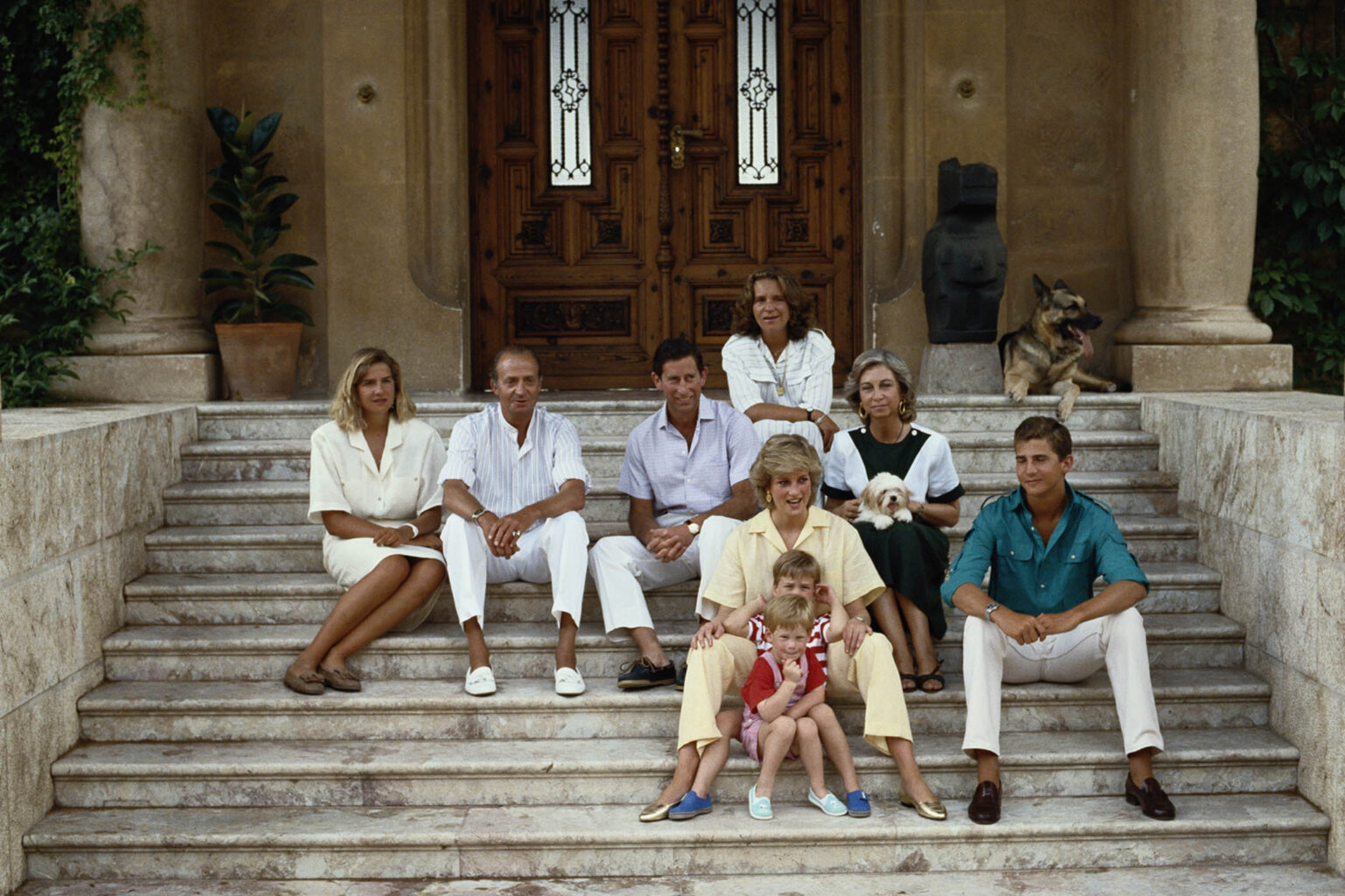 Prince Charles and Diana, Princess of Wales, with princes William and Harry on holiday in Majorca in 1987 with the Spanish royal family, King Juan Carlos I of Spain, Queen Sofia and their children, Elena, Cristina and Felipe.