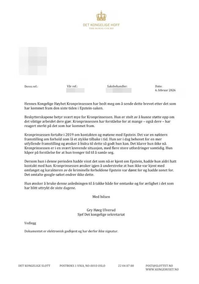 The Royal Court Sends Letter to Mette-Marit's Patronages