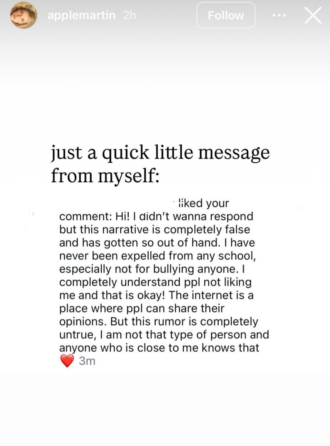 Apple Martin denies high school expulsion for bullying rumor