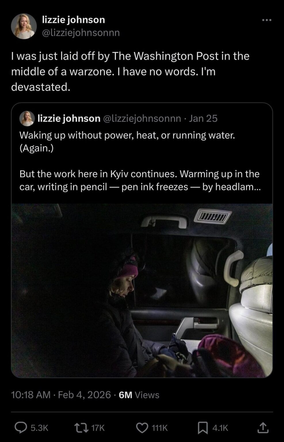 Lizzie Johnson (Washington Post Ukraine Correspondent) Laid Off in the Middle of a Below-Freezing Warzone Without Heat, Power or Running Water