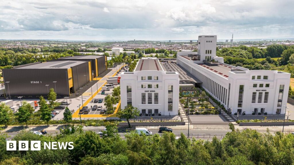 A CGI image of how the development could look, showing two large white buildings and two large studio grey and yellow studio blocks.