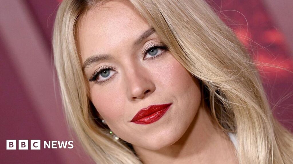 Sydney Sweeney: Hollywood sign boss claims CGI used in bra stunt Sydney Sweeney, dressed in dark clothing, a baseball cap and with an action camera strapped to her chest, poses triumphantly at night. In the background, the famous letters of the Hollywood sign can be seen.