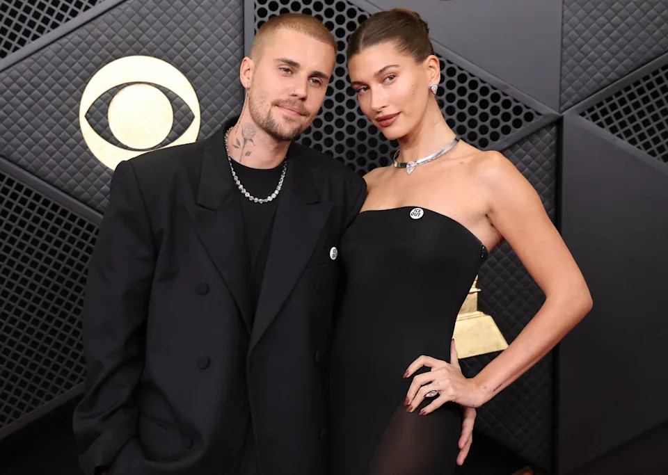 Justin Bieber and his wife Hailey Bieber, both dressed in black