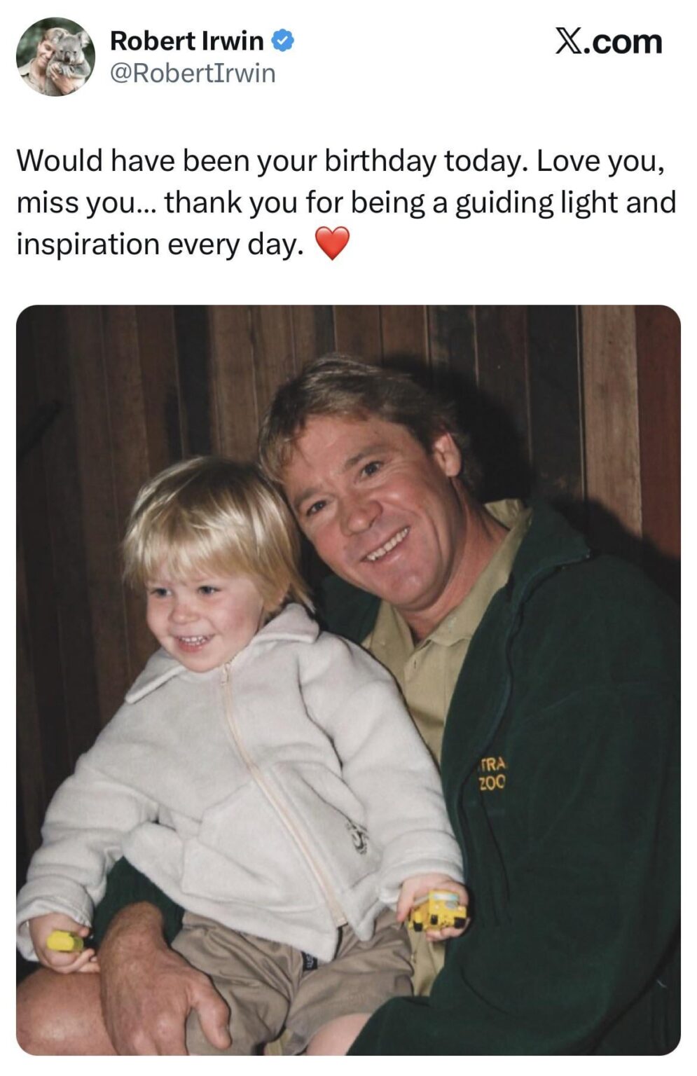 Robert Irwin remembers dad Steve Irwin’s birthday on what would have been his 64th birthday: ‘Would have been your birthday today. Love you, miss you… thank you for being a guiding light and inspiration every day. ❤️’