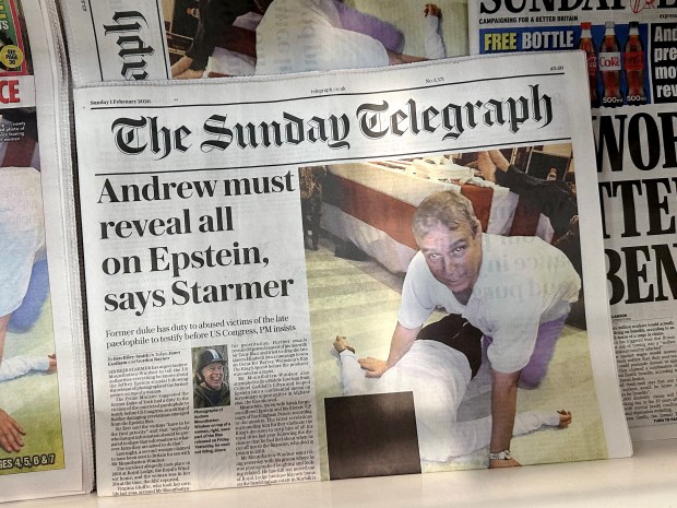 LONDON, ENGLAND - FEBRUARY 01: In this photo illustration, the front page of The Sunday Telegraph newspaper with an image of Andrew Mountbatten-Windsor is seen on February 01, 2026 in London, England. Three million new documents were released by the United States Department of Justice under the Epstein Files Transparency Act. (Photo by Gareth Cattermole/Getty Images)