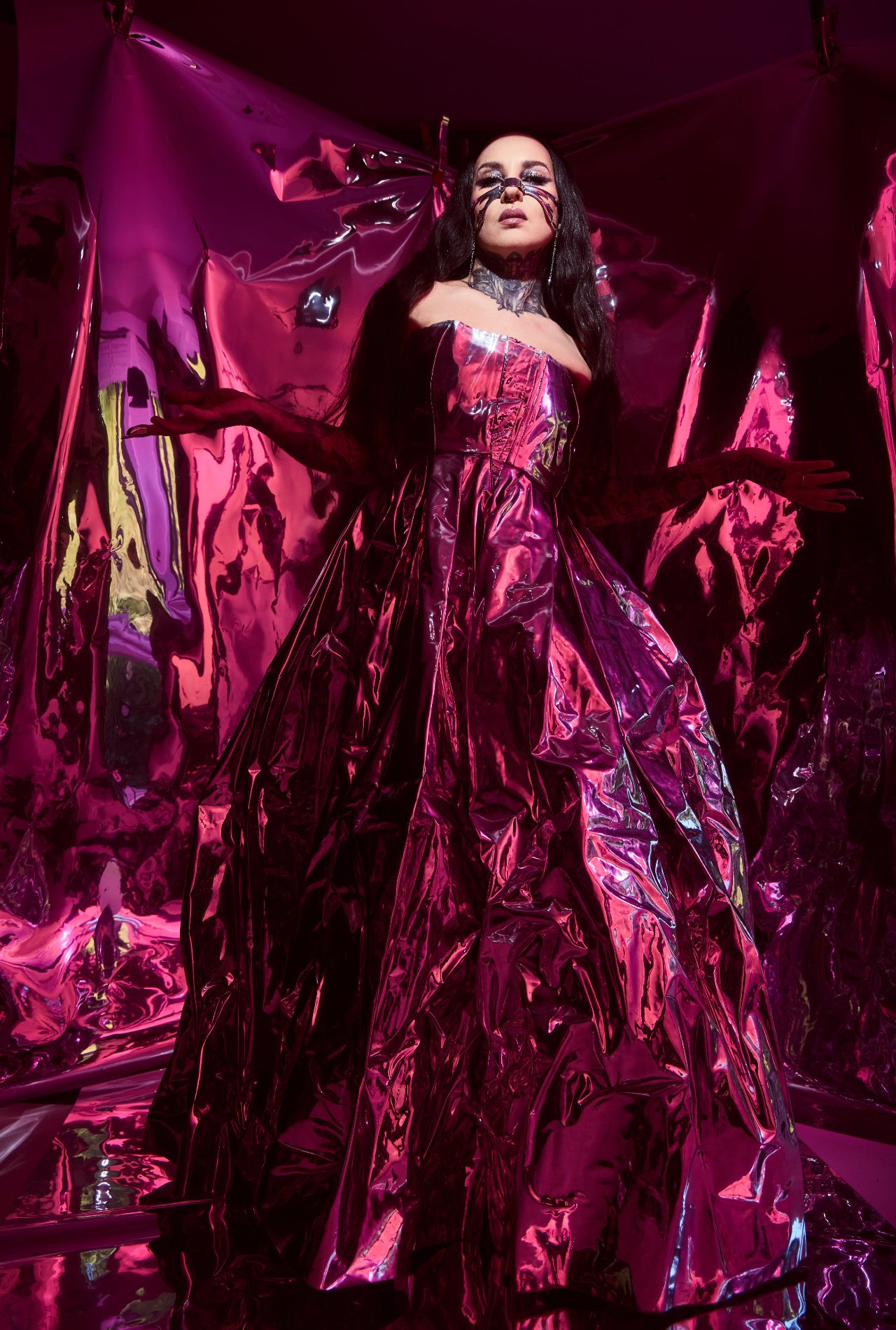 Tatiana in a shiny violet dress