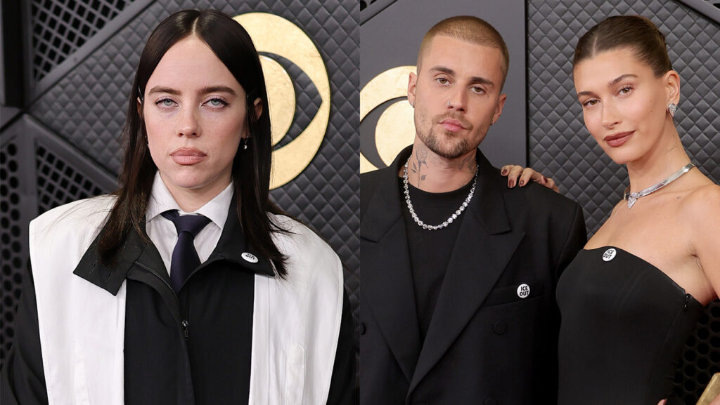 Why Billie Eilish, Justin Bieber Are Wearing ICE Out Pins At The Grammys Billie Eilish and Justin and Hailey Bieber