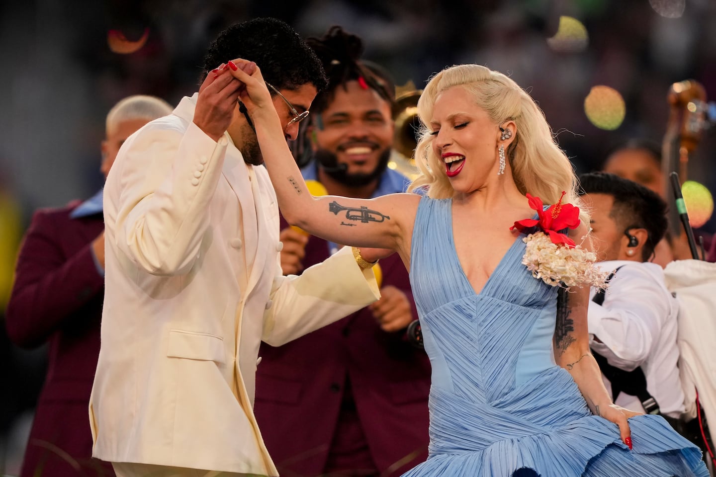 Bad Bunny and Lady Gaga performed during halftime of the NFL Super Bowl 60 football game between the New England Patriots and the Seattle Seahawks, Sunday in Santa Clara, Calif.=