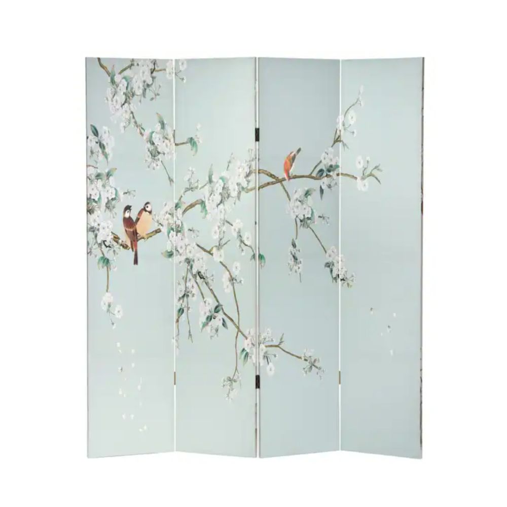 Pale blue room divider with birds and blossom on
