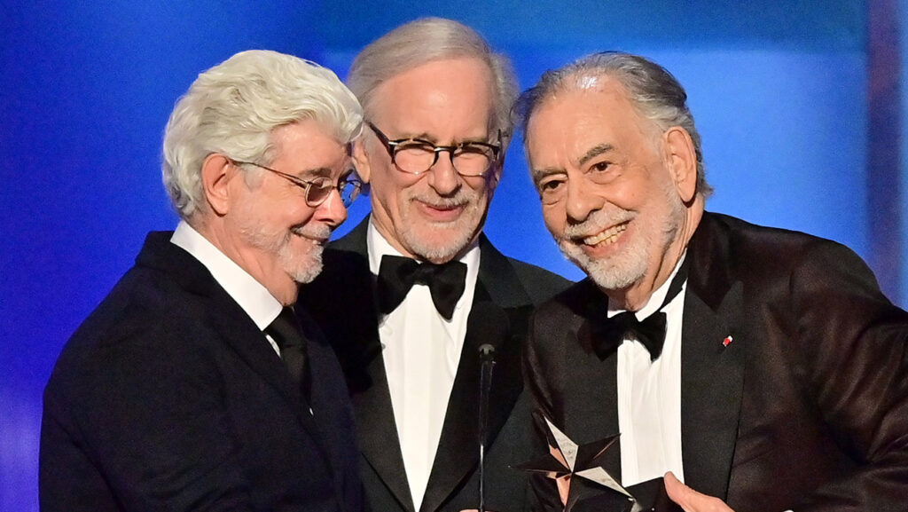 (L-R) George Lucas, Steven Spielberg and Francis Ford Coppola speak onstage during the 50th Annual AFI Life Achievement Award honoring Francis Ford Coppola at Dolby Theatre on April 26, 2025 in Hollywood, California.