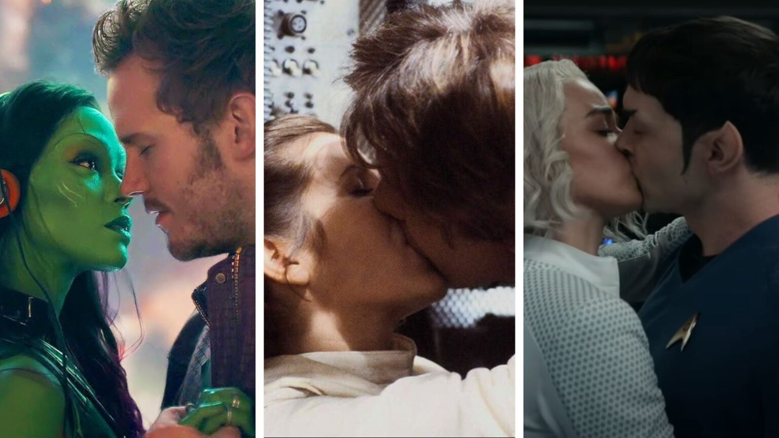Three sci-fi couples kissing: Peter Quill &amp; Gamora, Han Solo &amp; Leia, and Nurse Chapel &amp; Spock