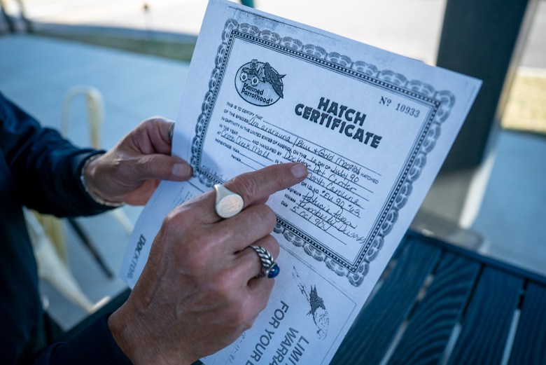 A man's hand point to a hatch certificate