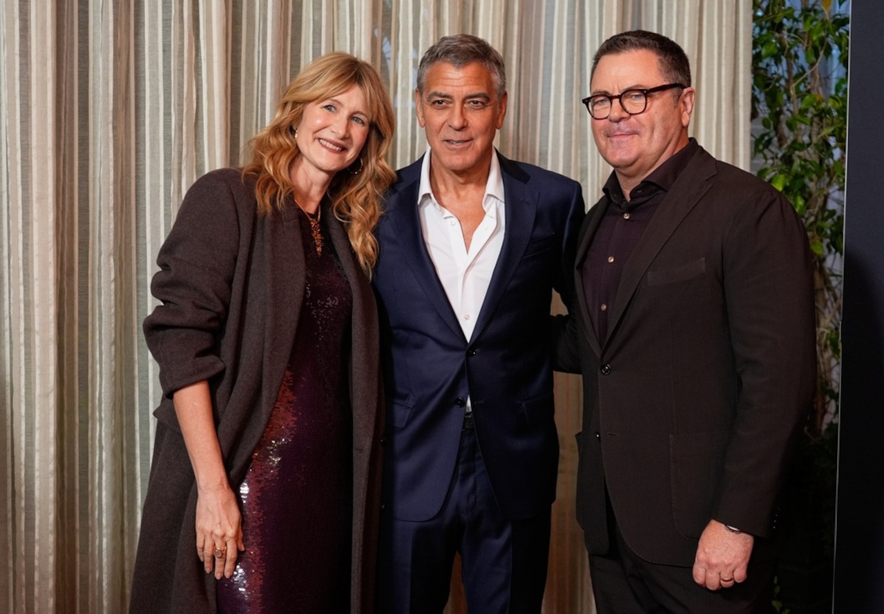 Actors Laura Dern, from left, George Clooney and Nick Offerman