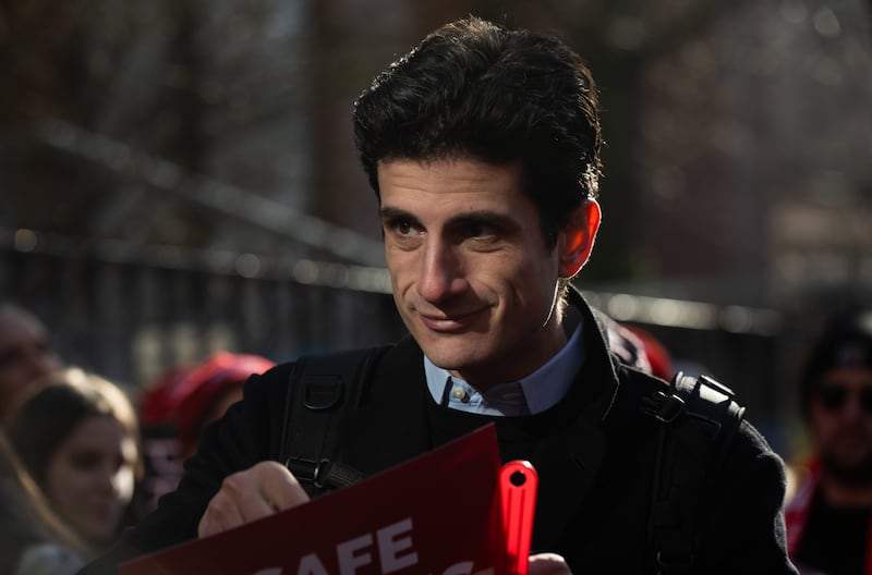 Jack Schlossberg, grandson of former President John. F Kennedy who is currently running for Congress, speaks to members of the New York State Nurses Association before joining the picket line in support of nurses on strike outside Mount Sinai West on January 12, 2026 in New York City.