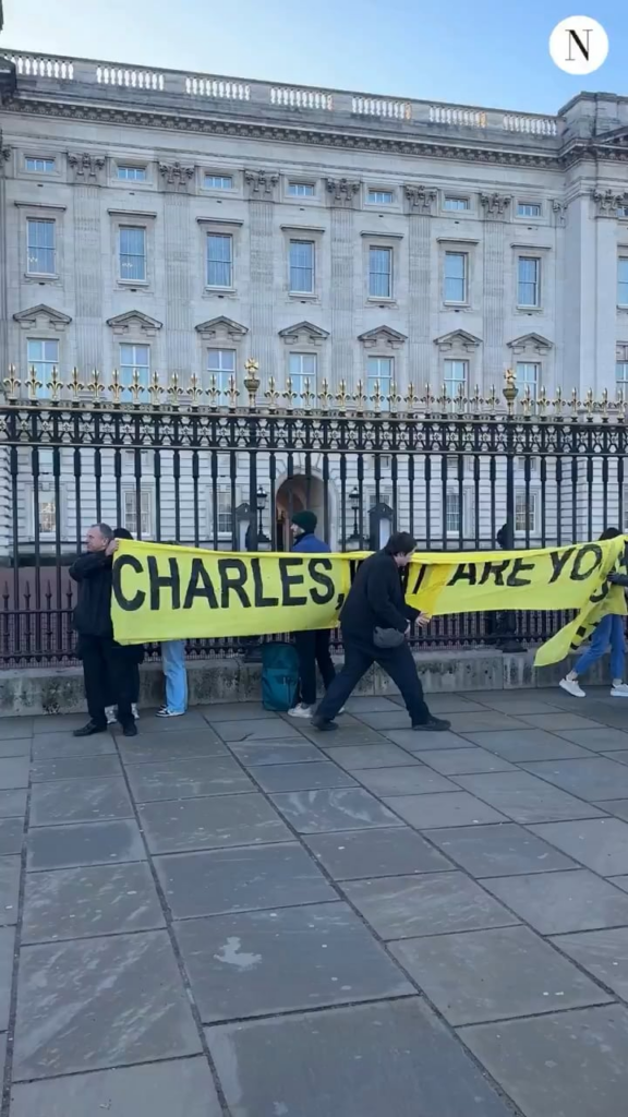 Protestors put ‘crime scene tape’ outside Buckingham Palace - ‘Charles, what are you hiding?’