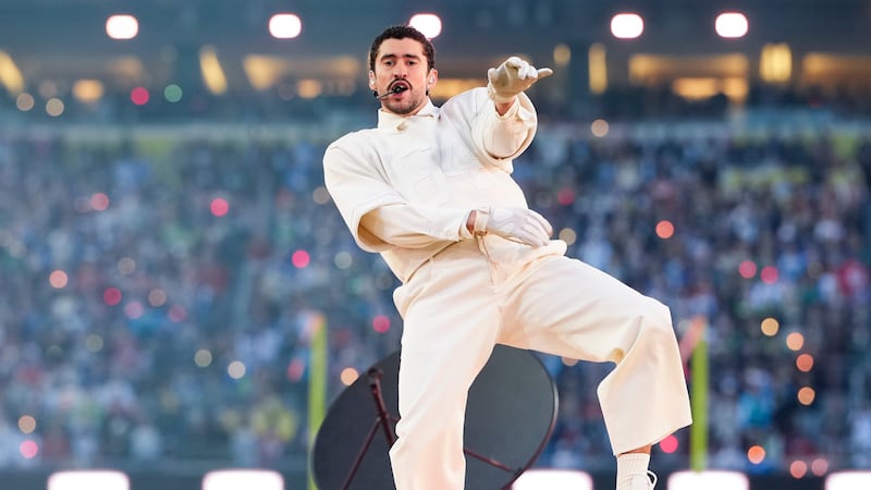 Bad Bunny performs during the Apple Music halftime show at the NFL Super Bowl LX