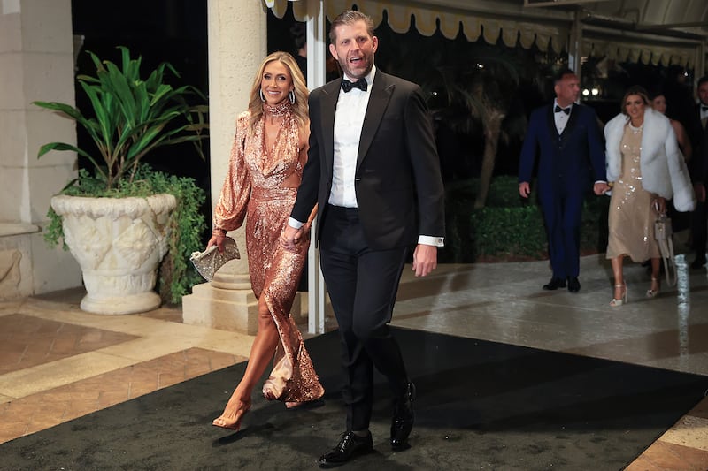 Eric Trump, son of U.S. President Donald Trump, arrives with his wife Lara Trump for a New Year’s Eve event hosted by the president at his Mar-a-Lago home on December 31, 2025 in Palm Beach, Florida.