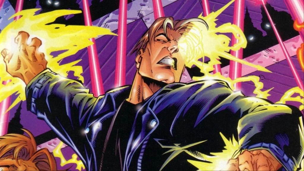 X-Man in battle avoiding energy beams
