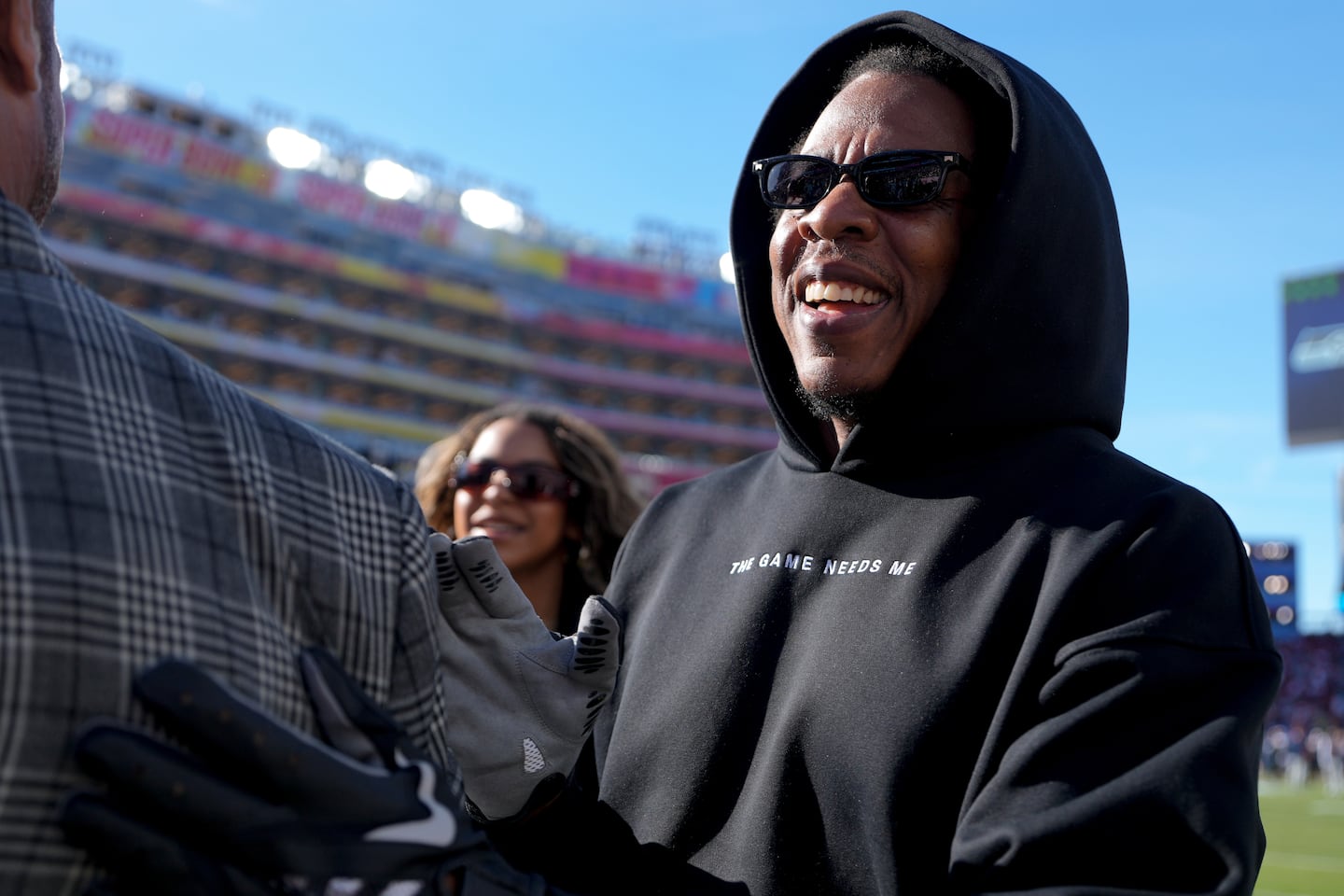 Jay-Z is seen before the NFL Super Bowl 60 football game between the Seattle Seahawks and the New England Patriots, Sunday in Santa Clara, Calif. 
