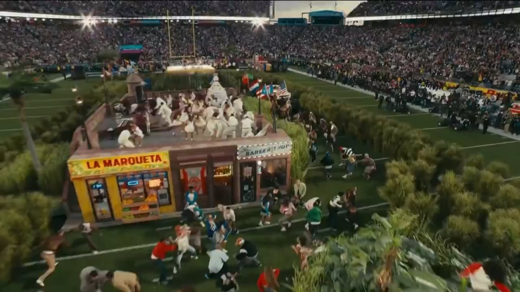 Bad Bunny closed out his Super Bowl halftime show performance with a billboard behind him saying: “The only thing more powerful than hate is love.”