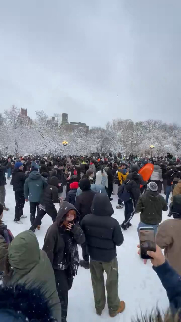 Giant snowball fight breaks out among strangers gathered in Washington Square Park during heavy blizzard that dropped 20” of snow on NY and NJ ❄️