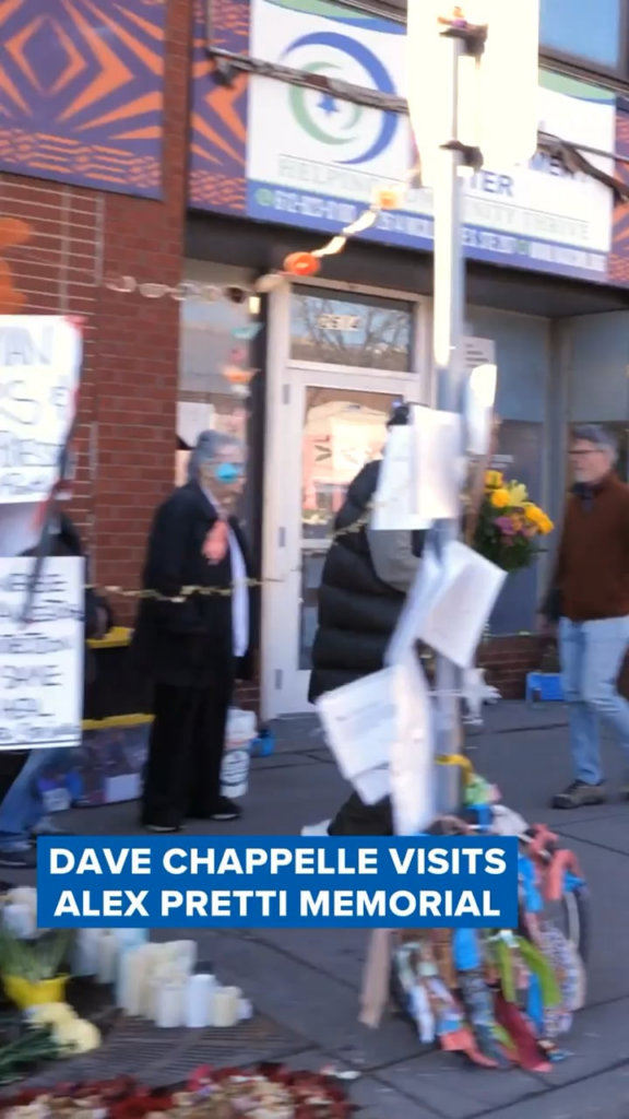 Dave Chappelle seen at Alexi Pretti’s memorial in Minneapolis today, honoring the memory of the deceased.