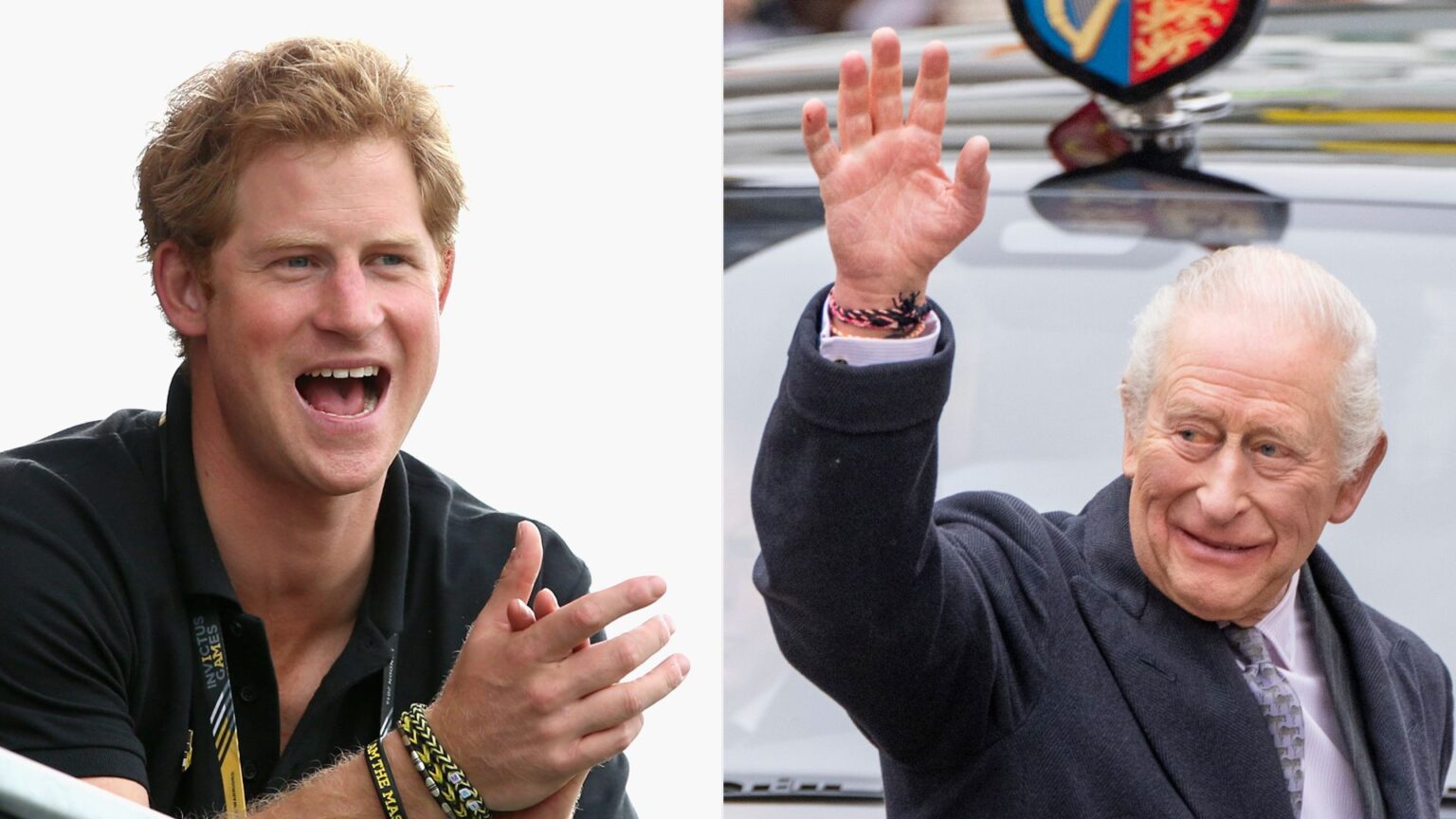 Prince Harry clapping wearing a black polo and friendship bracelets; King charles wearing a gray coat waving and revealing a wrist full of bracelets
