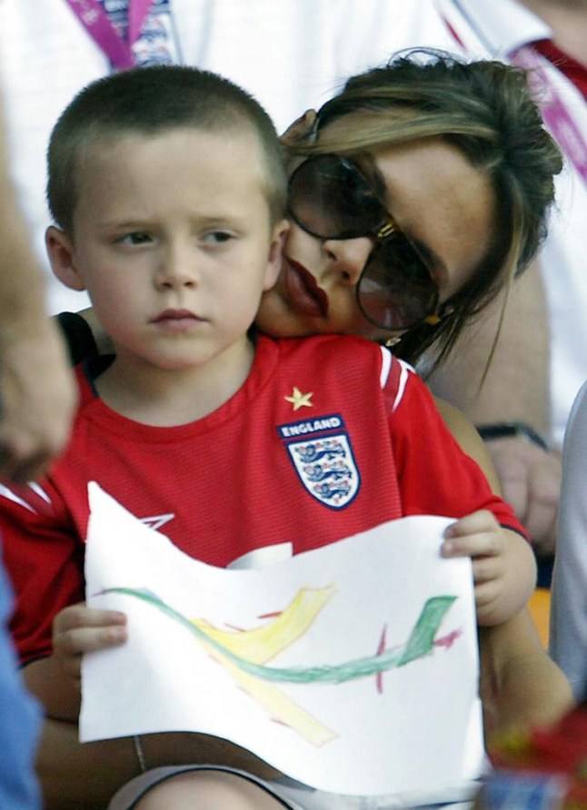 Victoria Beckham and son Brooklyn. David Beckham's performances on the football pitch may frequently add up but the England captain conceded Sunday February 26 2006, that his six-year-old son's maths homework once left him baffled. The 30-year-old star said his eldest child Brooklyn approached him for help with a school assignment one night but the task was too much for the footballer. "Their homework is so hard these days," he told The Mail on Sunday's Live magazine. "It's totally done differently to what I was teached (sic) when I was at school, and you know, I was like, 'Oh my God, I can't do this'," he added. See PA story POLICE Robbery. PRESS ASSOCIATION Photo. Photo credit should read: Owen Humphreys/PA THIS PICTURE CAN ONLY BE USED WITHIN THE CONTEXT OF AN EDITORIAL FEATURE. NO WEBSITE/INTERNET USE UNLESS SITE IS REGISTERED WITH FOOTBALL ASSOCIATION PREMIER LEAGUE