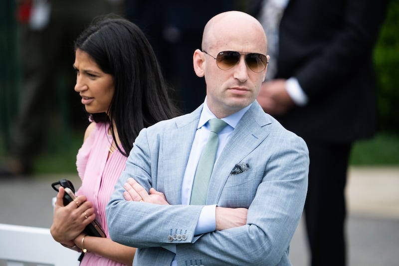 UNITED STATES - APRIL 21: Stephen Miller, White House deputy chief of staff, and his wife, Katie Miller, an aide for DOGE, attend the White House Easter Egg Roll on Monday, April 21, 2025. (Tom Williams/CQ-Roll Call, Inc via Getty Images)