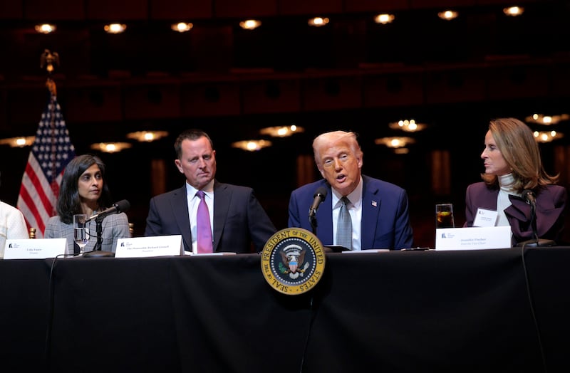 President Donald Trump leads a board meeting at the John F. Kennedy Center for the Performing Arts oWASHINGTON, DC - MARCH 17: U.S. President Donald Trump leads a board meeting at the John F. Kennedy Center for the Performing Arts on March 17, 2025 in Washington, DC. After shunning the annual Kennedy Center Honors during his first term in the White House, Trump fired the center’s president, removed the bipartisan board of Biden appointees and named himself Chairman of the storied music, theater and dance institution. Seated with Trump are (L-R) Usha Vance, the wife of Vice President JD Vance, President of The Kennedy Center Board of Trustees Richard Grenell and Interim Vice Chair Jennifer Fischer. (Photo by Chip Somodevilla/Getty Images)